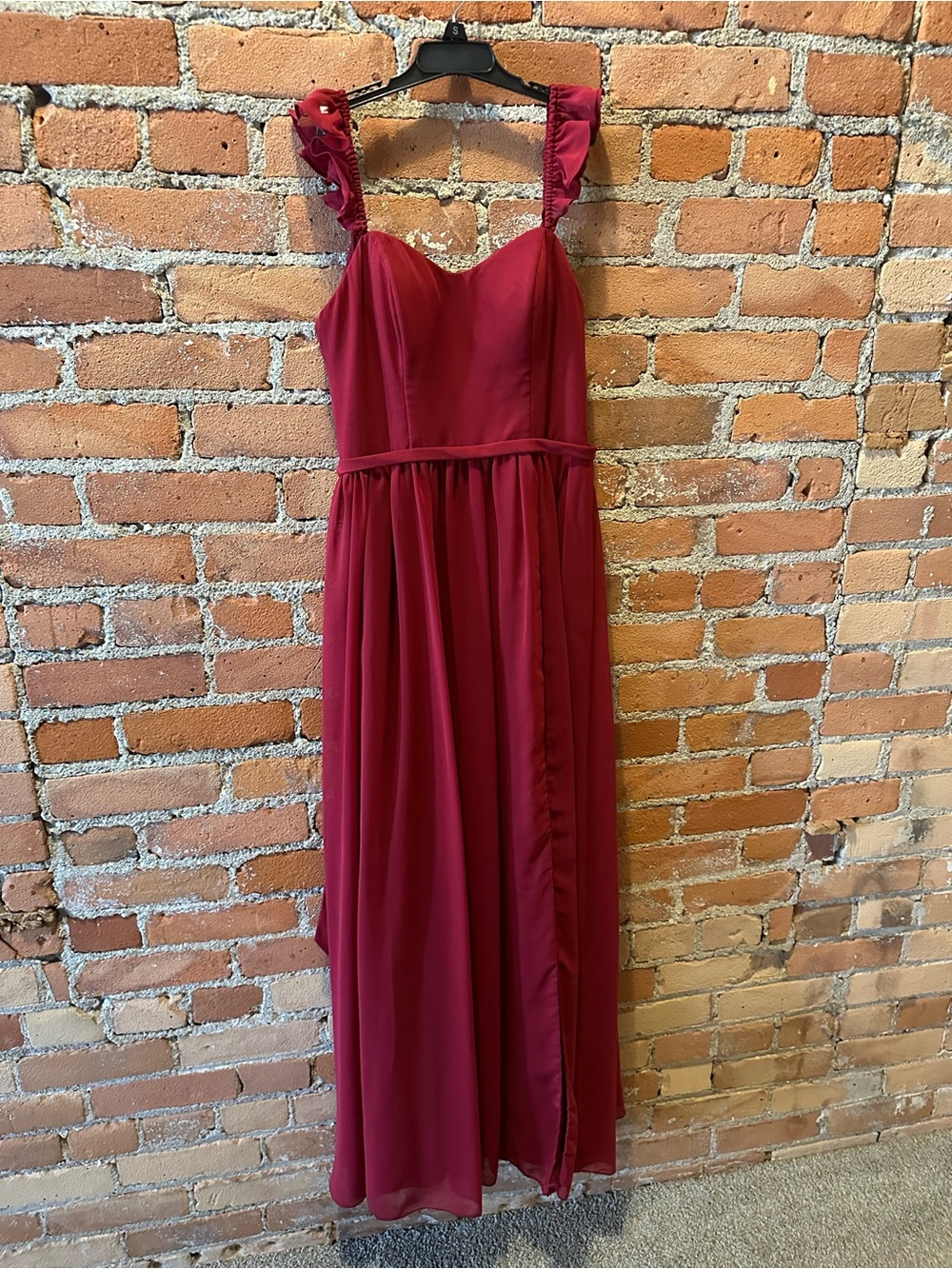 Azazie Metz Burgundy Ruffled Strap Maxi Dress